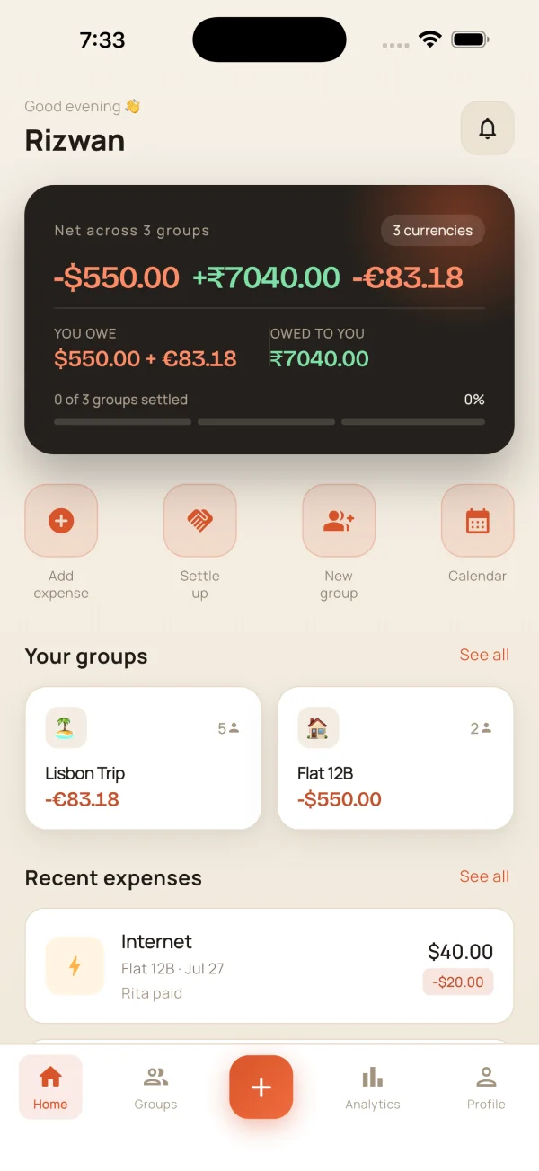 FairSplit home dashboard with group balances separated by currency