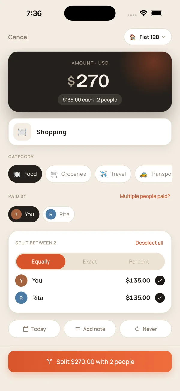 FairSplit expense editor with equal, exact and percentage split options