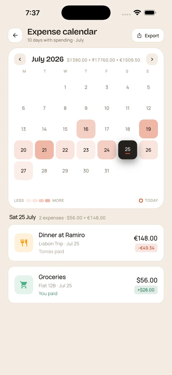 FairSplit expense calendar with dated records and export option