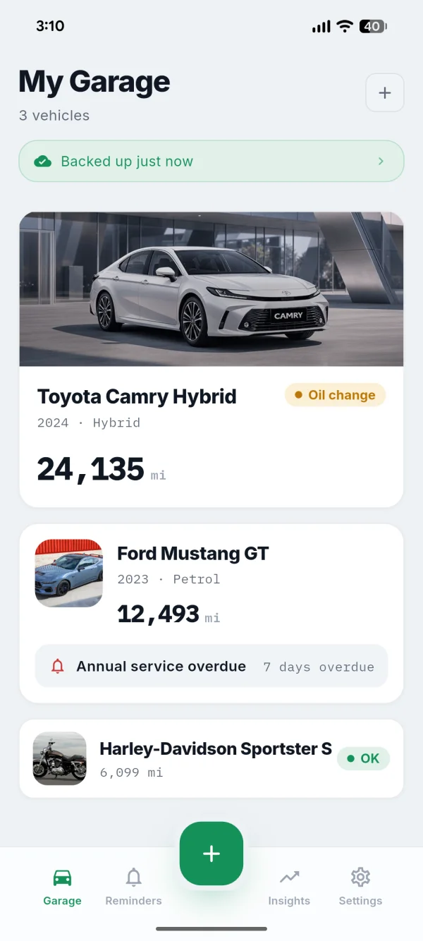 KeepMyCar garage showing vehicles and upcoming maintenance