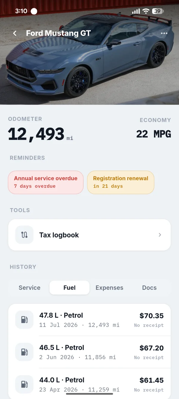 KeepMyCar vehicle details with fuel records and service reminders